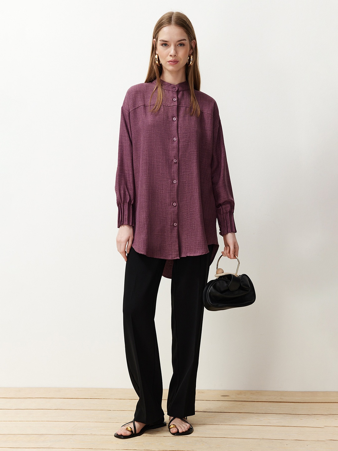 

Trendyol Mandarin Collar Long Sleeves Longline Casual Shirt, Purple