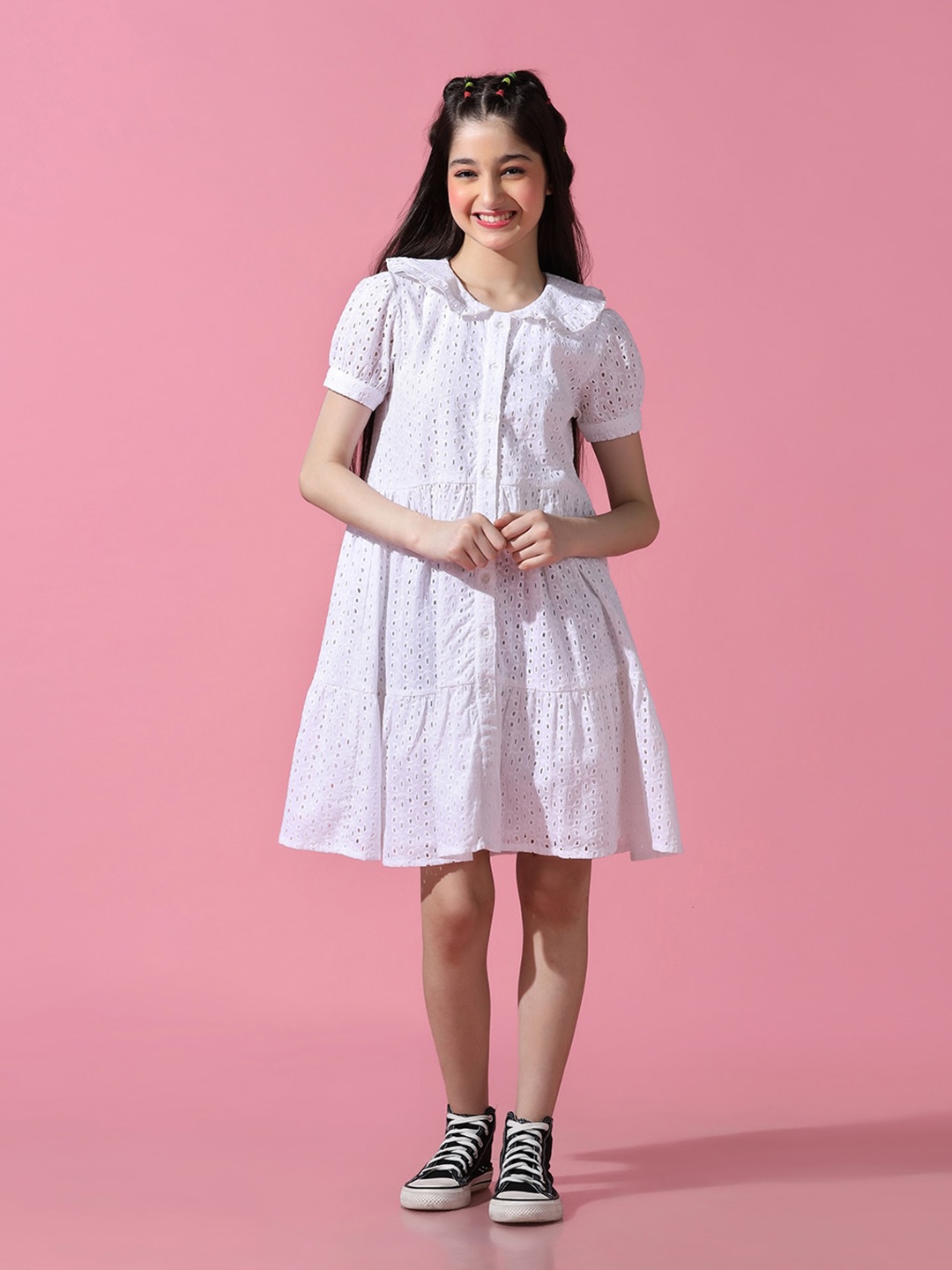 

Cherry & Jerry Girls Schiffli Self Design Peter Pan Collar Cotton A-Line Dress, White