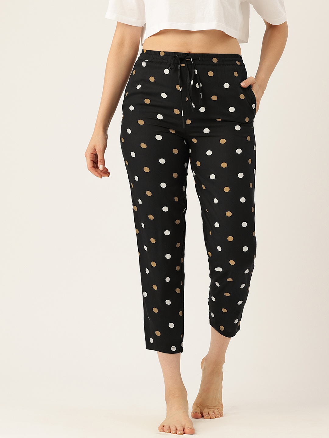 

ETC Polka Dots Printed Pure Cotton Lounge Pants, Black