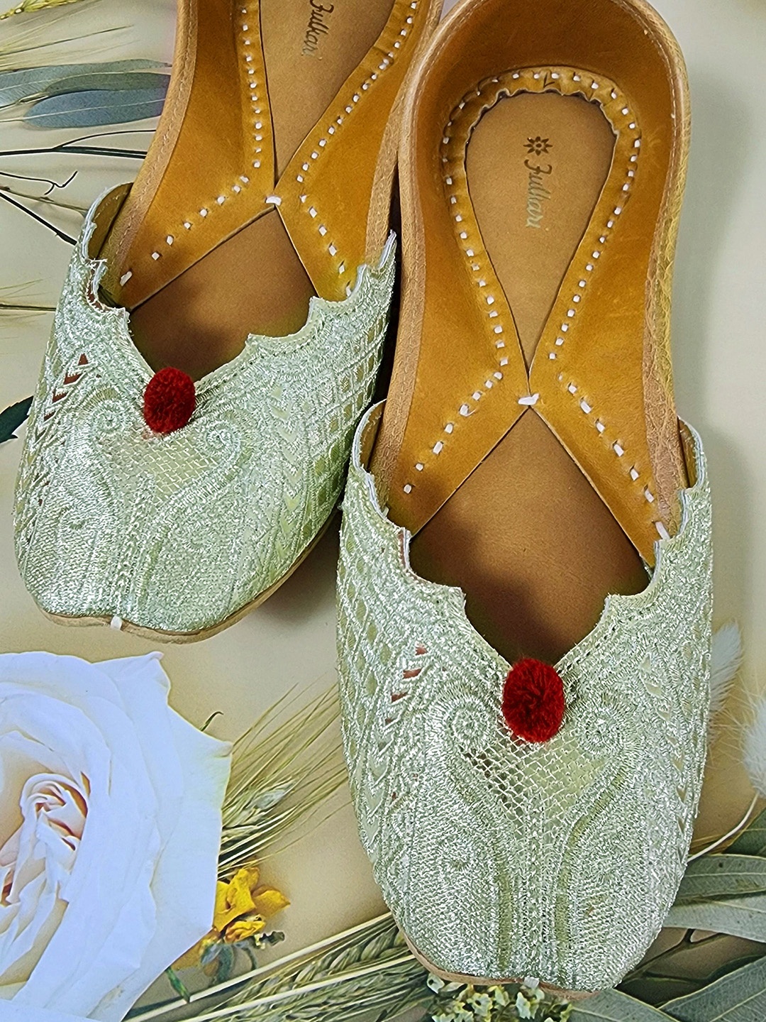 

Fulkari Embellished Round Toe Leather Mojaris, Gold
