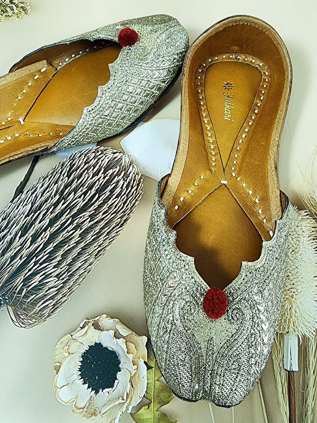 

Fulkari Embellished Round Toe Leather Mojaris, Gold