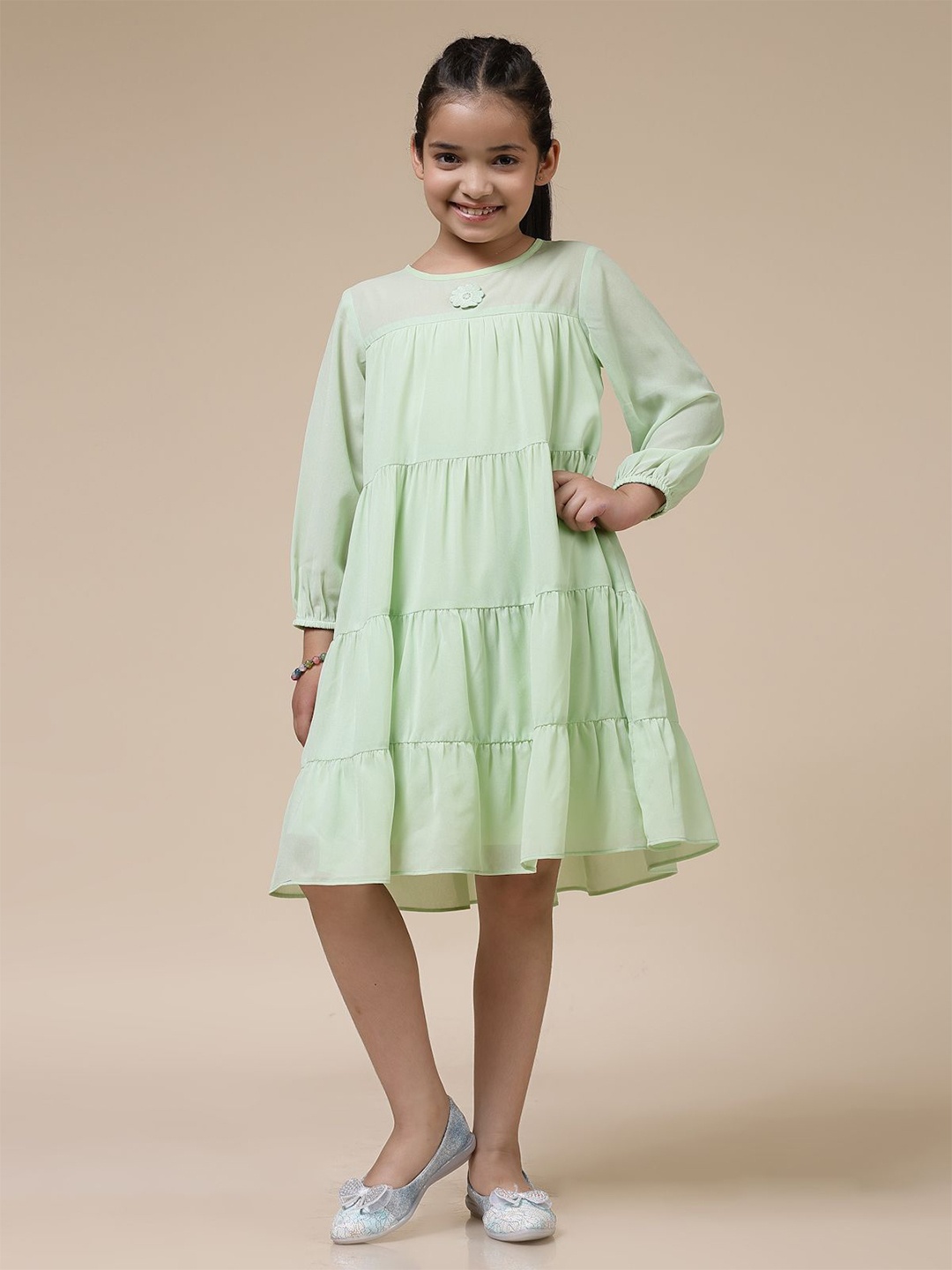

BAESD Girls Round Neck Puff Sleeves Tiered Georgette Semi Sheer A-Line Dress, Green