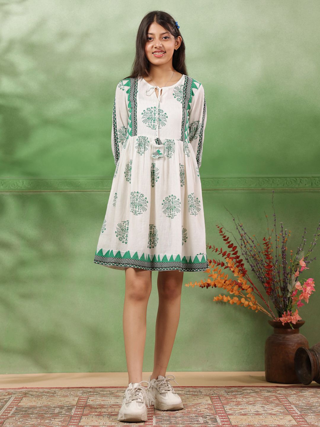 

Sangria Girls Ethnic Motifs Printed Pure Cotton Fit & Flare Dress, Off white