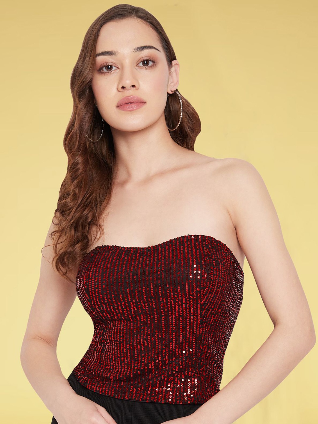 

Martini Embellished Strapless Sequined Detailed Party Tube Top, Red