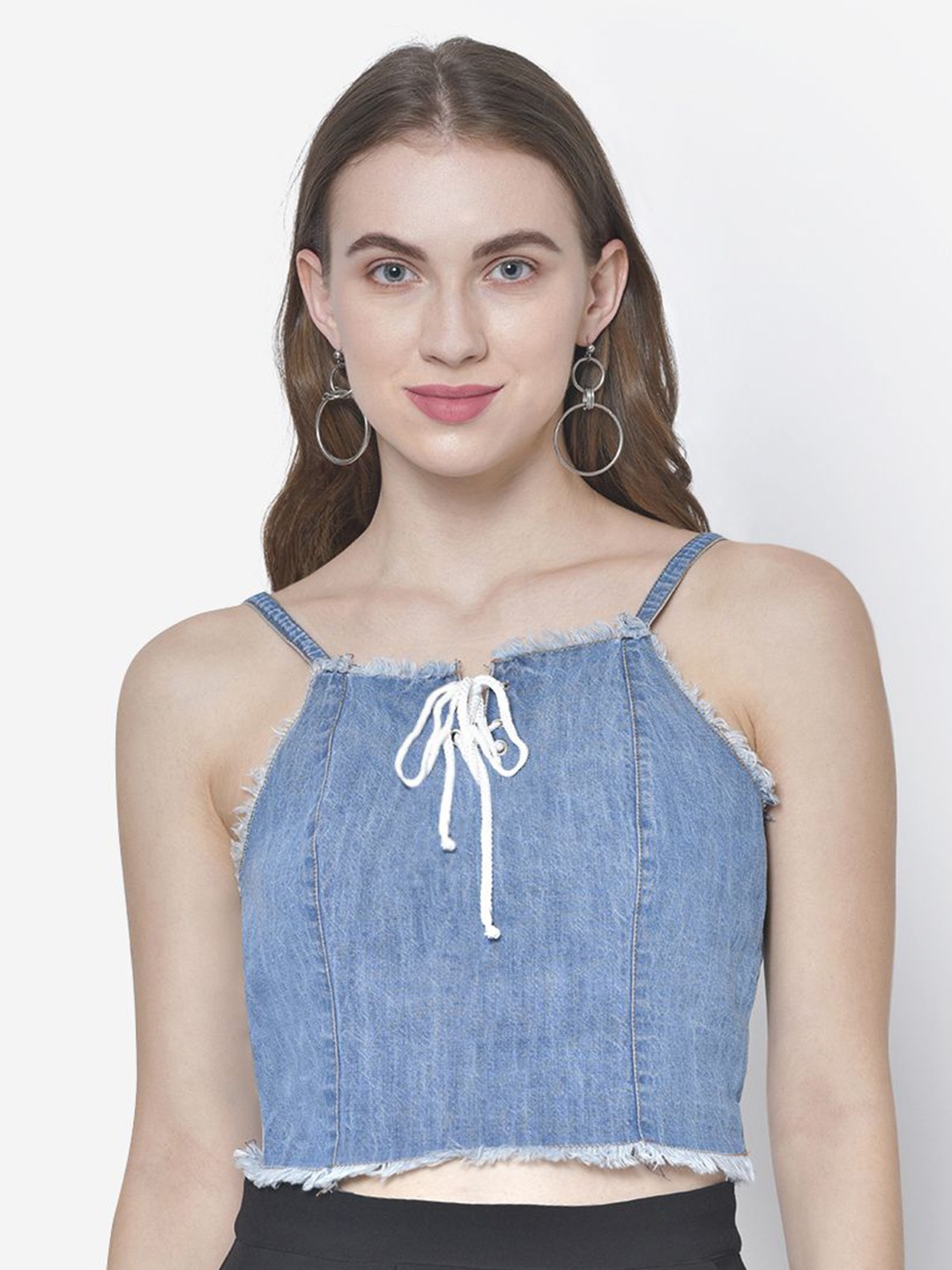 

Martini Shoulder Straps Fringed Cotton Denim Crop Top, Blue