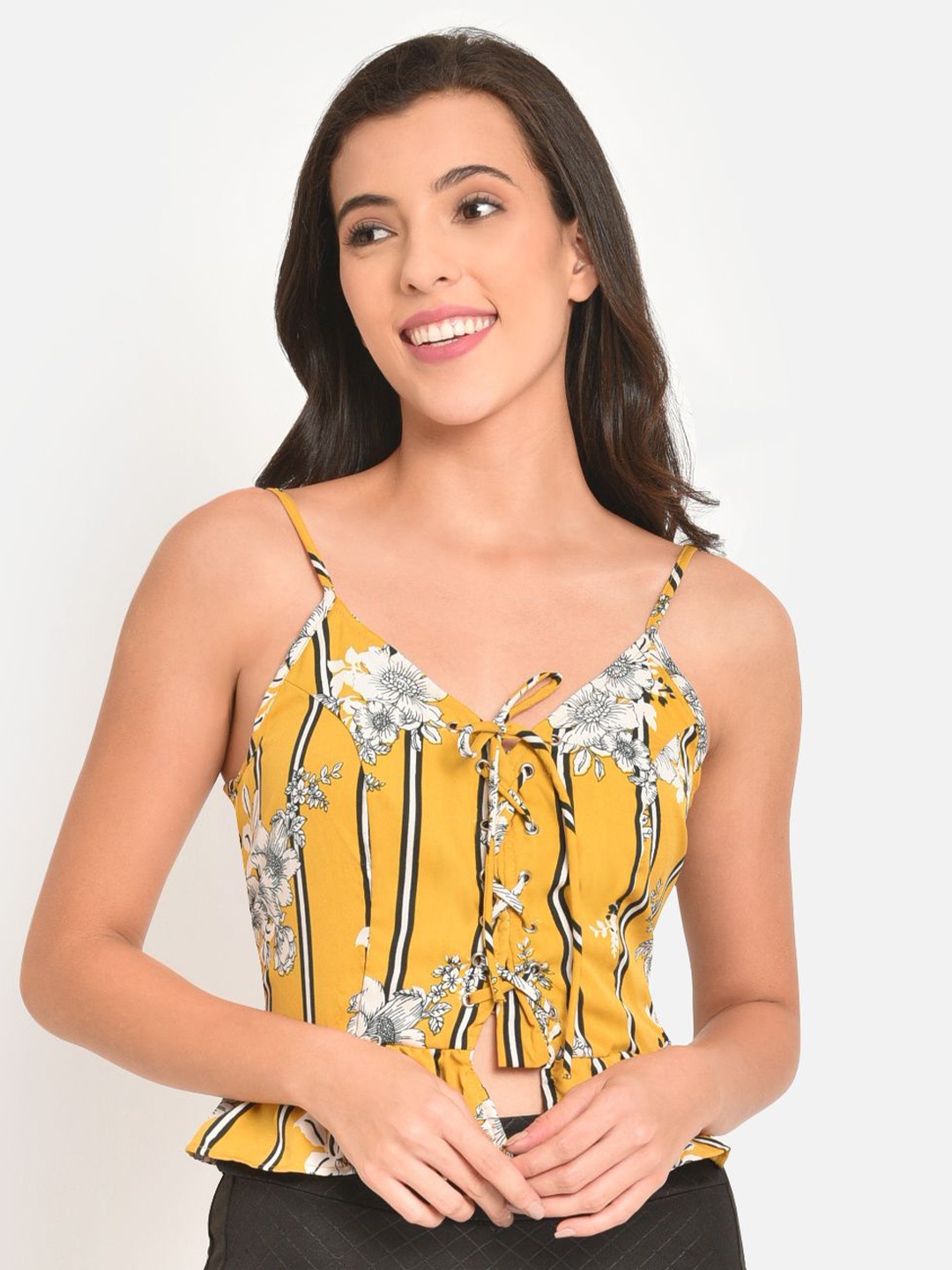 

Martini Floral Printed Shoulder Straps Tie-Ups Detailed Regular Top, Yellow