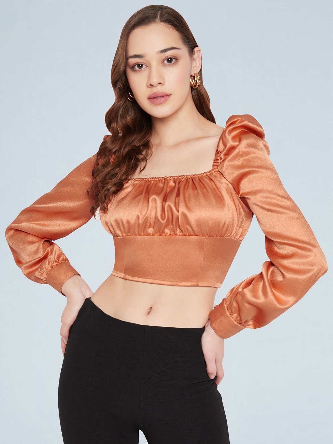 

Martini Square Neck Puff Sleeve Smocked Satin Crop Top, Orange