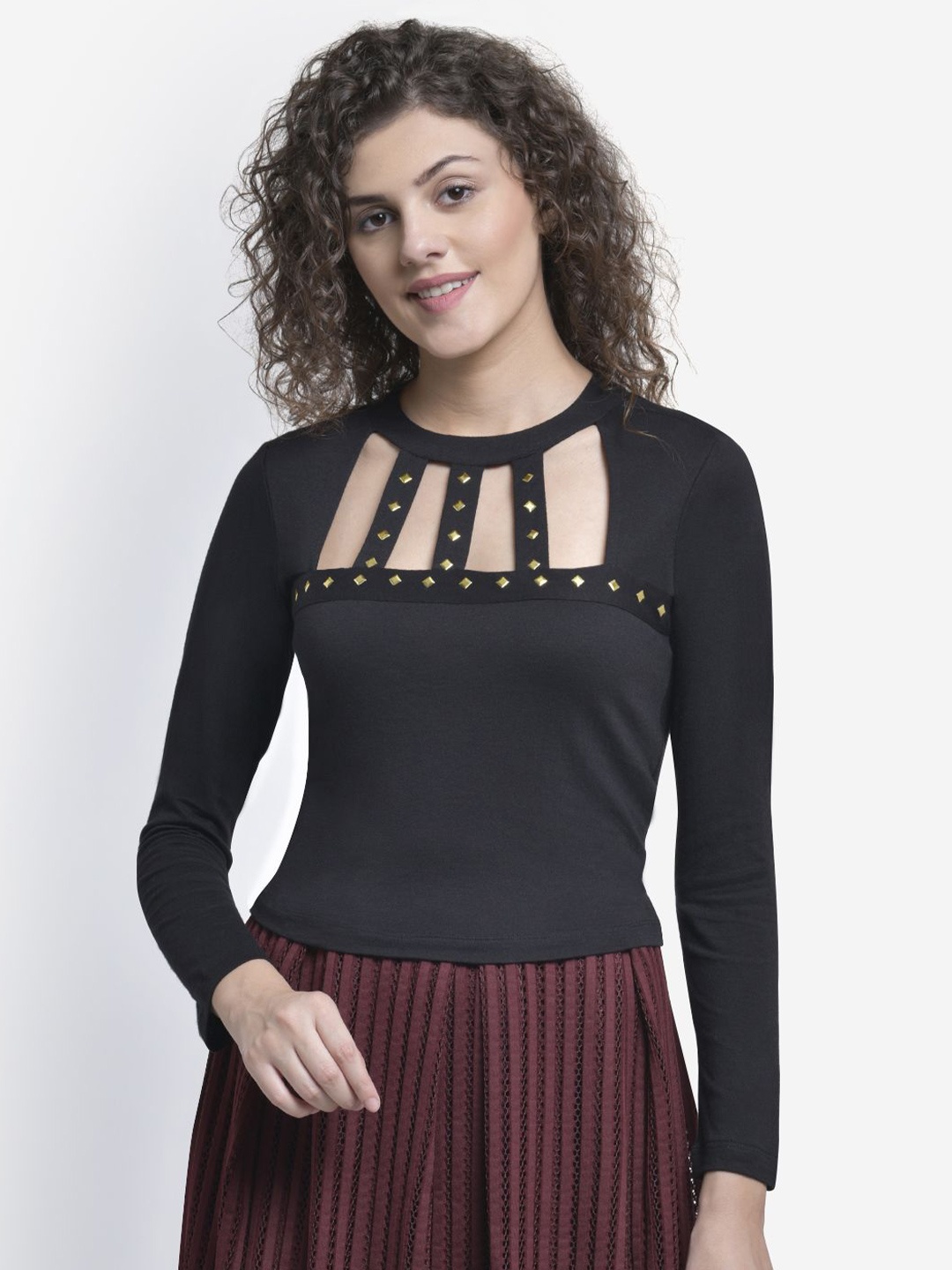 

Martini Studded Cut out Round Neck Top, Black