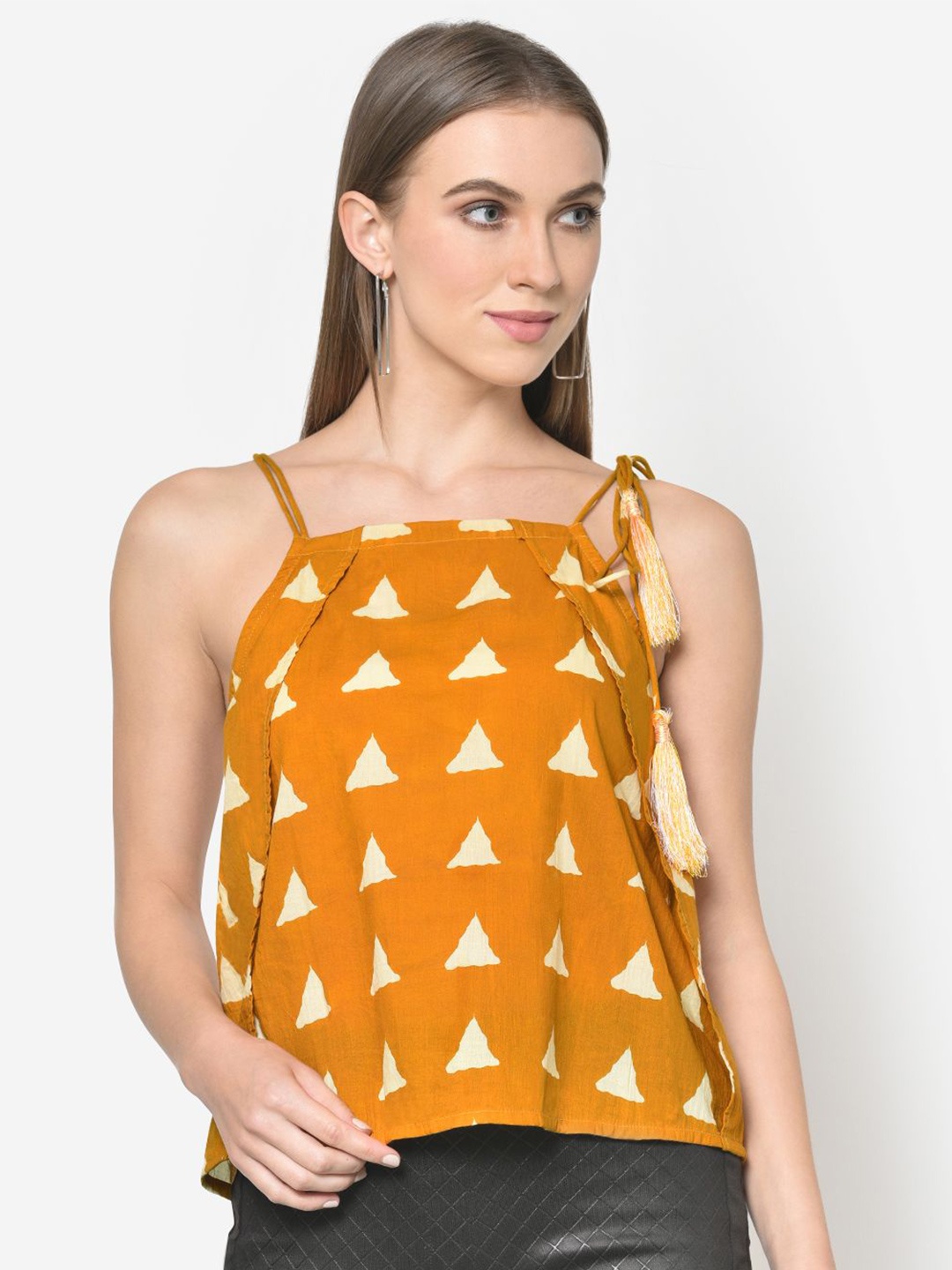 

Martini Geometric Printed Shoulder Straps Tie-Ups Detailed Cotton Top, Mustard