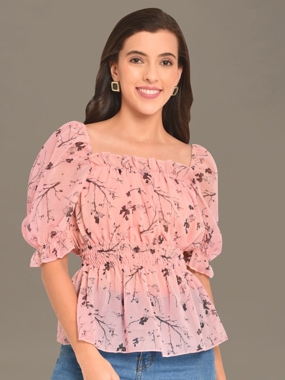 

Martini Floral Print Puff Sleeve Smocked Cinched Waist Top, Peach
