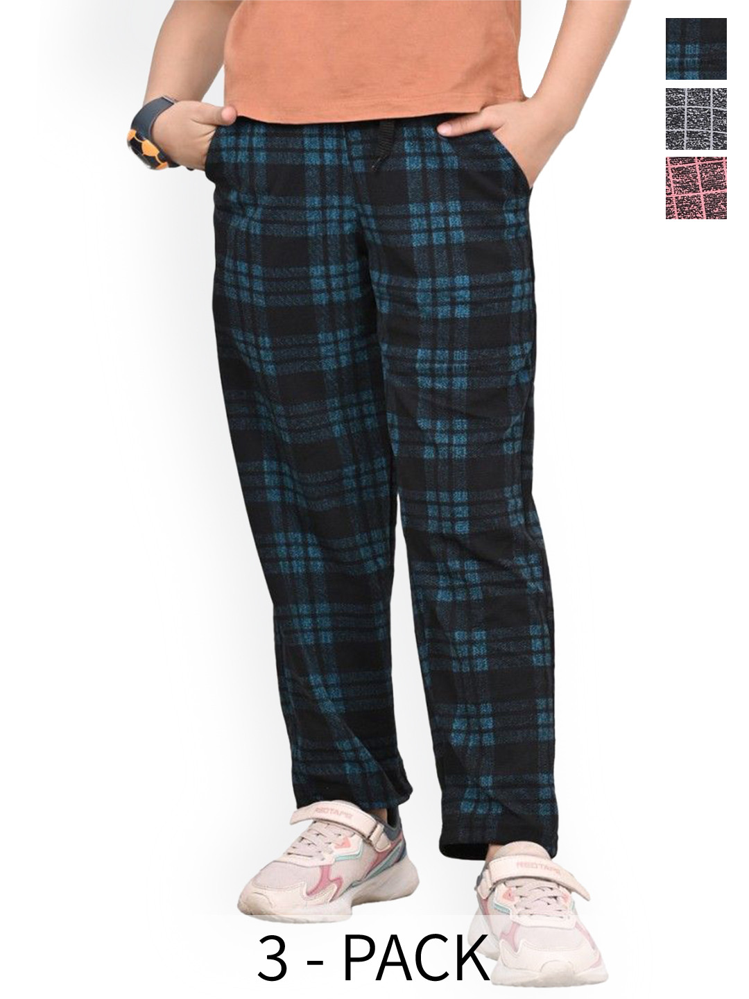 

BAESD Girls Pack Of 3 Dry-Fit Checked Track Pants, Blue