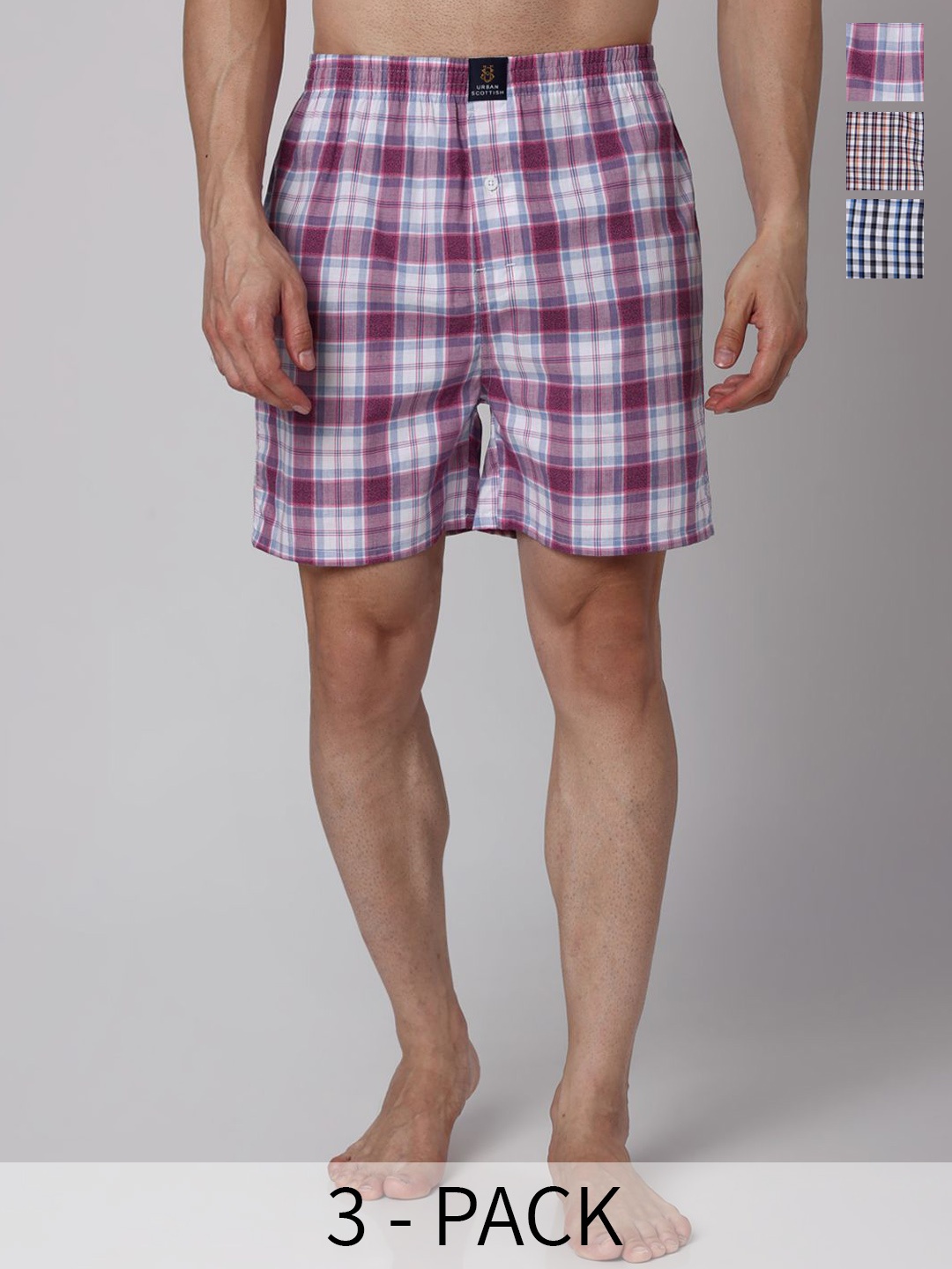 

URBAN SCOTTISH Men Pack Of 3 Checked Cotton Boxers USBX2467, Purple