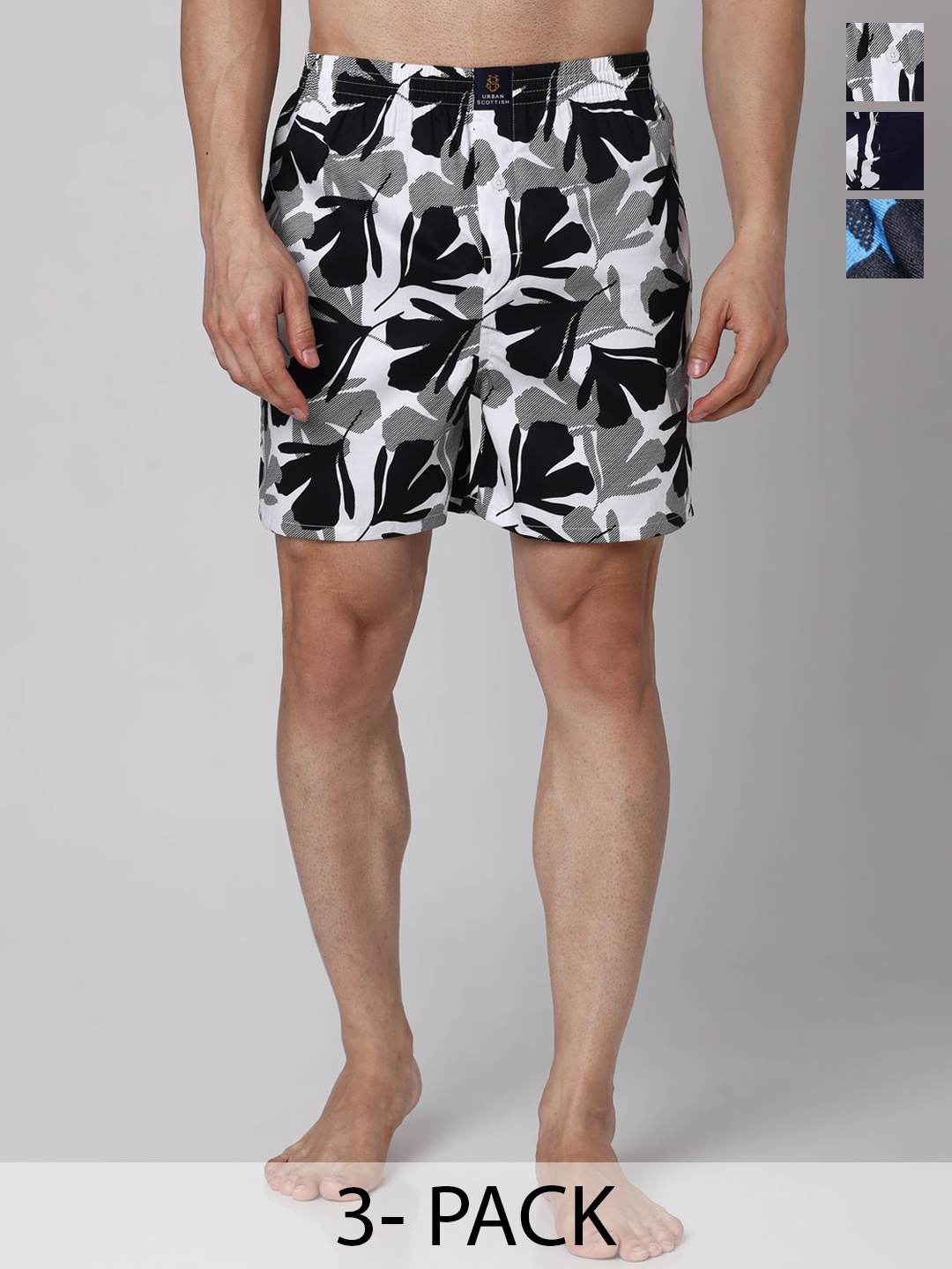 

URBAN SCOTTISH Pack Of 3 Printed Cotton Boxers USBX2464, White