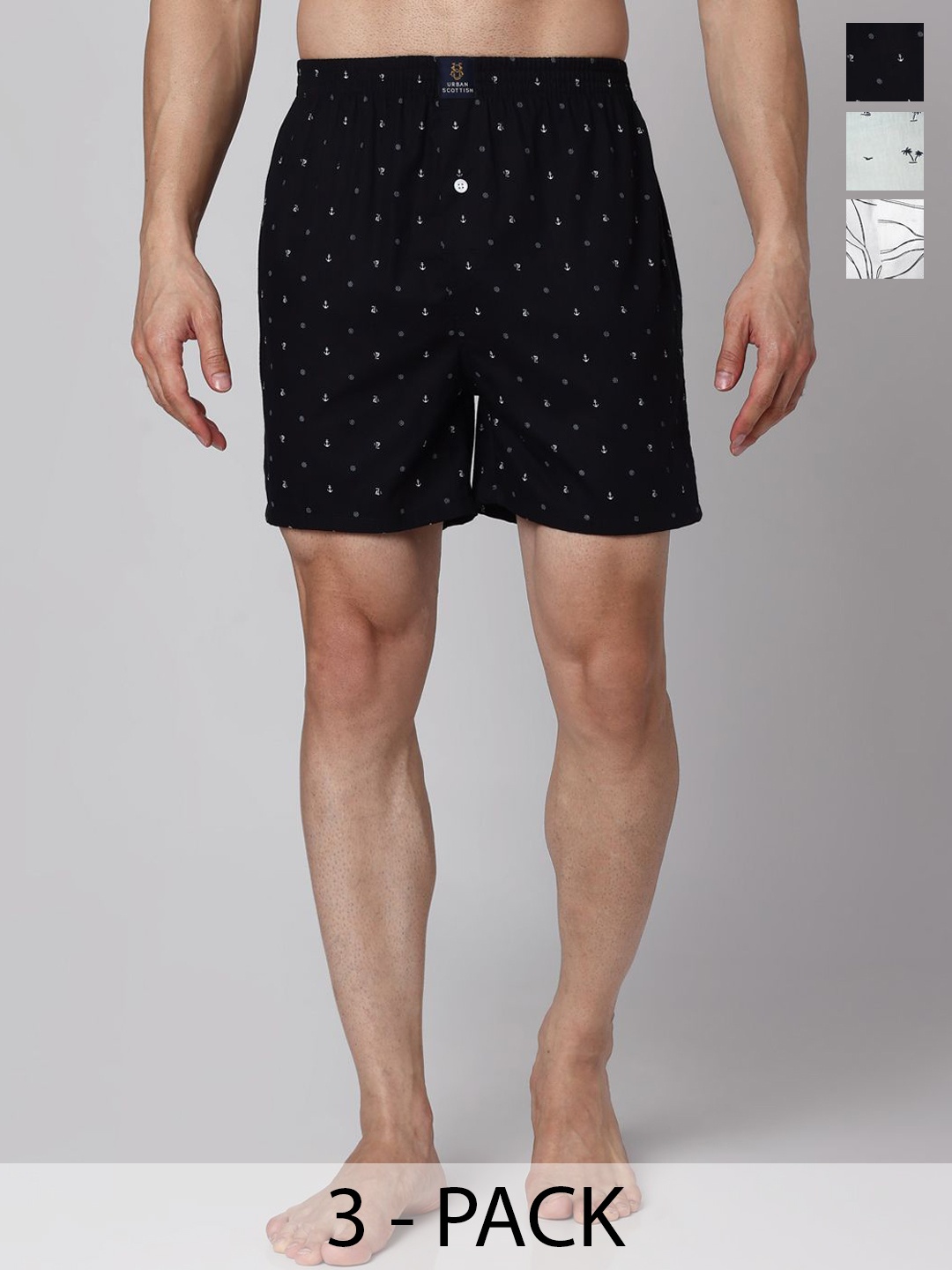 

URBAN SCOTTISH Men Pack Of 3 Printed Cotton Boxers, Black