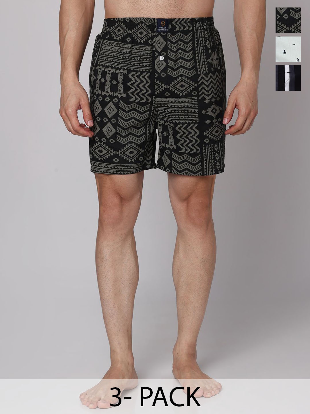 

URBAN SCOTTISH Pack Of 3 Printed Cotton Boxers USBX2460, Black