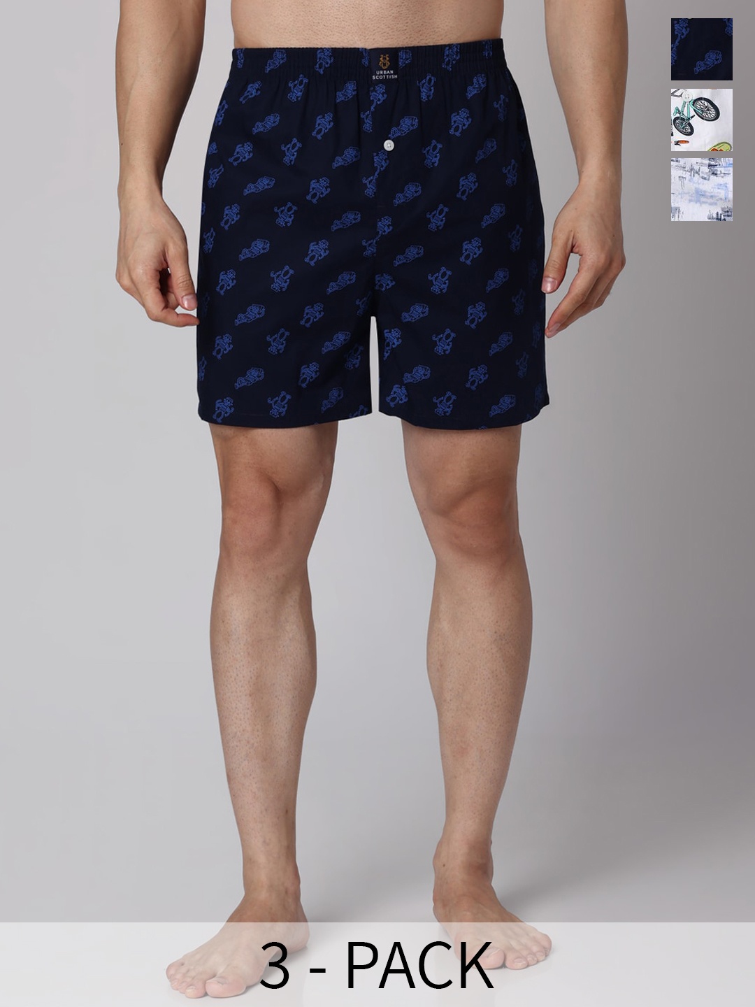 

URBAN SCOTTISH Pack Of 3 Printed Cotton Boxers USBX2459, Navy blue