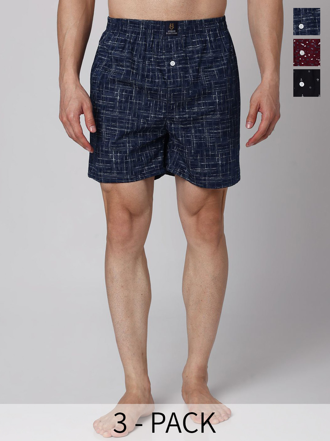 

URBAN SCOTTISH Pack Of 3 Printed Cotton Boxers USBX2458, Maroon