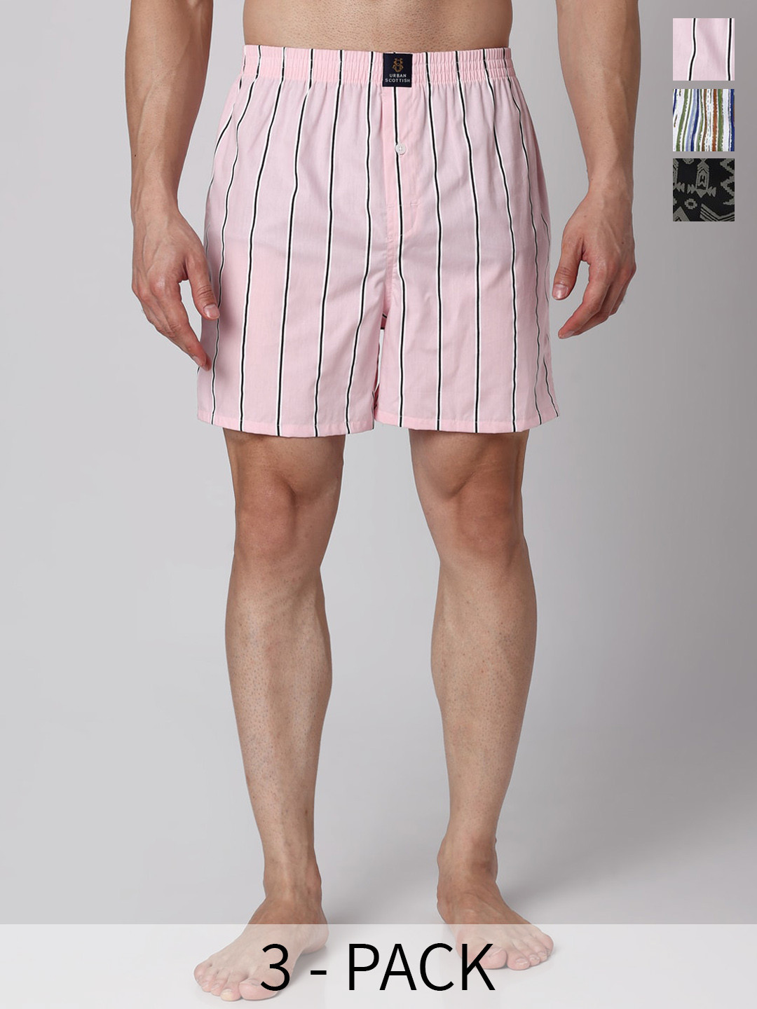 

URBAN SCOTTISH Pack Of 3 Printed Cotton Boxers USBX2463, Pink