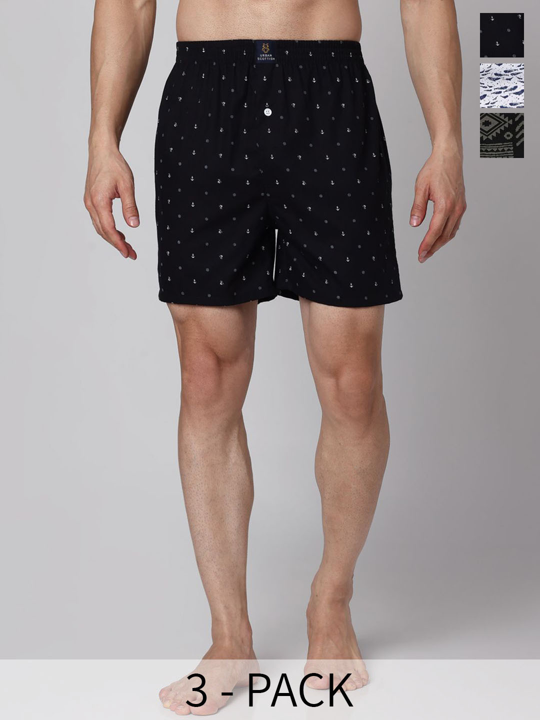 

URBAN SCOTTISH Men Pack Of 3 Printed Cotton Boxers, Navy blue