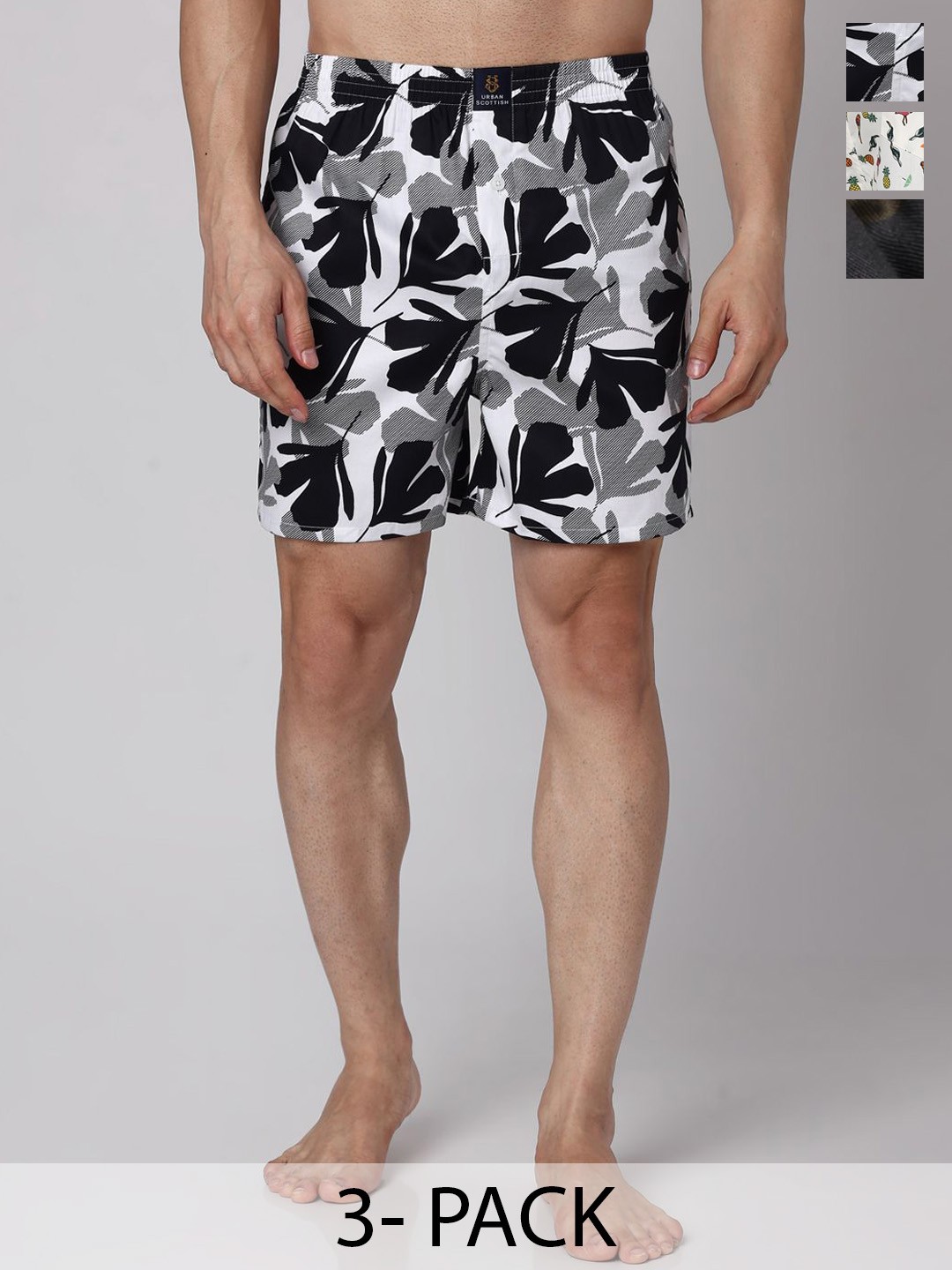 

URBAN SCOTTISH Pack Of 3 Printed Cotton Boxers, White