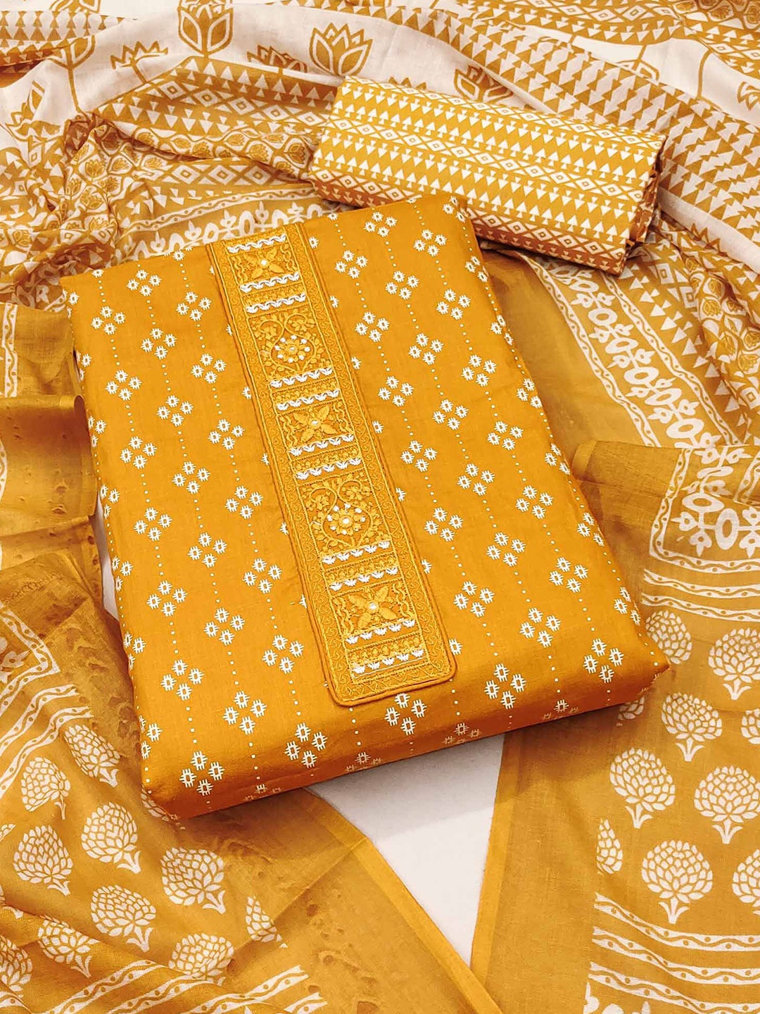 

Peachmode Printed Pure Cotton Unstitched Dress Material, Mustard