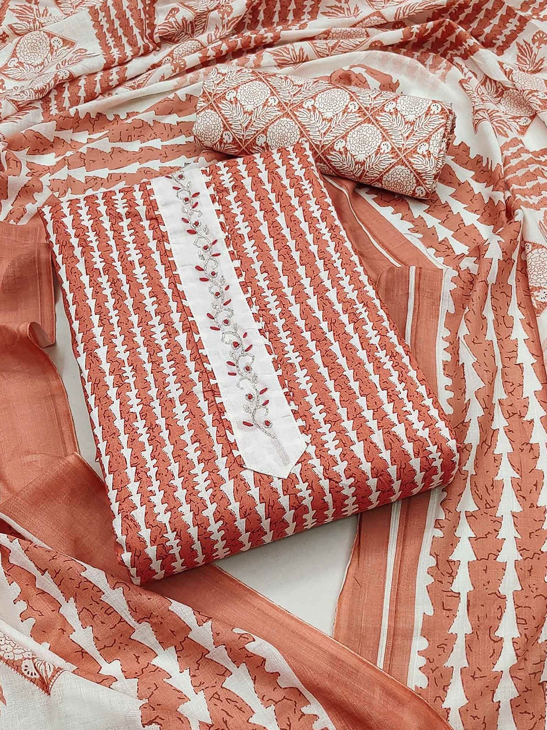 

Peachmode Printed Pure Cotton Unstitched Dress Material, Rust