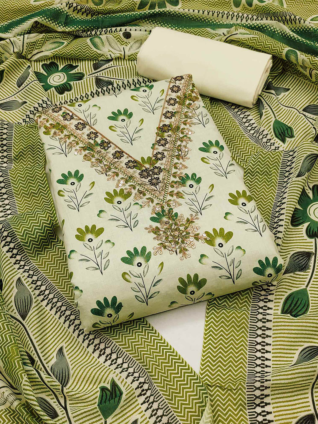 

Peachmode Printed Pure Cotton Unstitched Dress Material, Green
