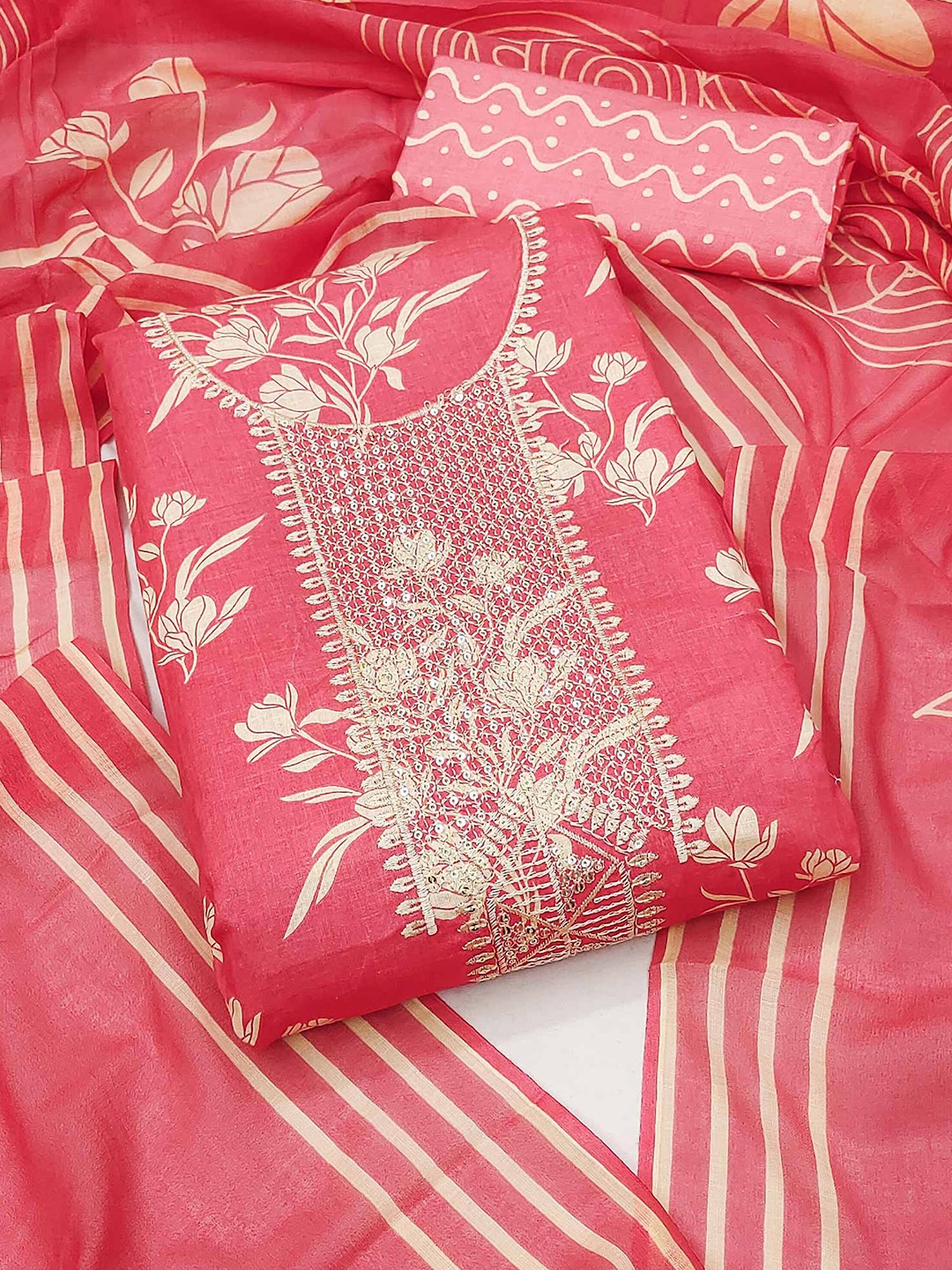 

Peachmode Printed Pure Cotton Unstitched Dress Material, Pink