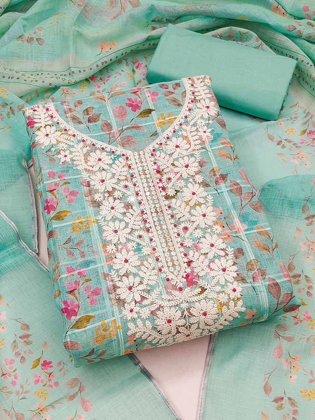 

Peachmode Printed Unstitched Dress Material, Turquoise blue