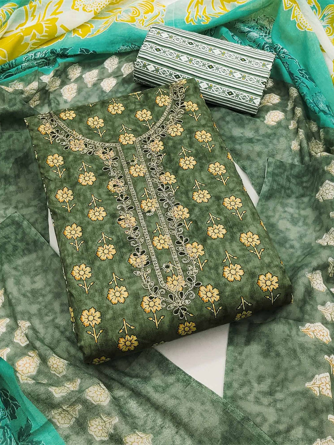 

Peachmode Printed Pure Cotton Unstitched Dress Material, Green