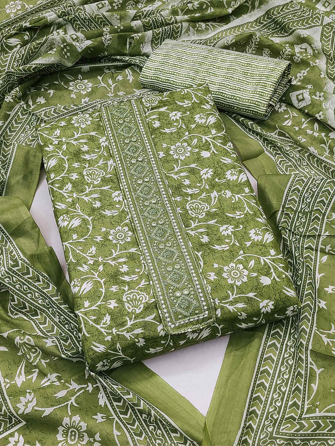 

Peachmode Printed Pure Cotton Unstitched Dress Material, Green
