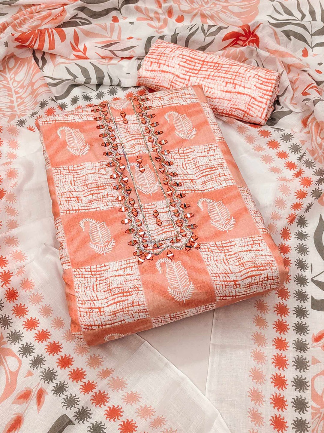 

Peachmode Printed Pure Cotton Unstitched Dress Material, Peach
