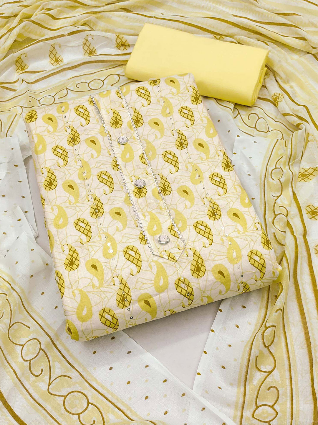 

Peachmode Printed Pure Cotton Unstitched Dress Material, Yellow