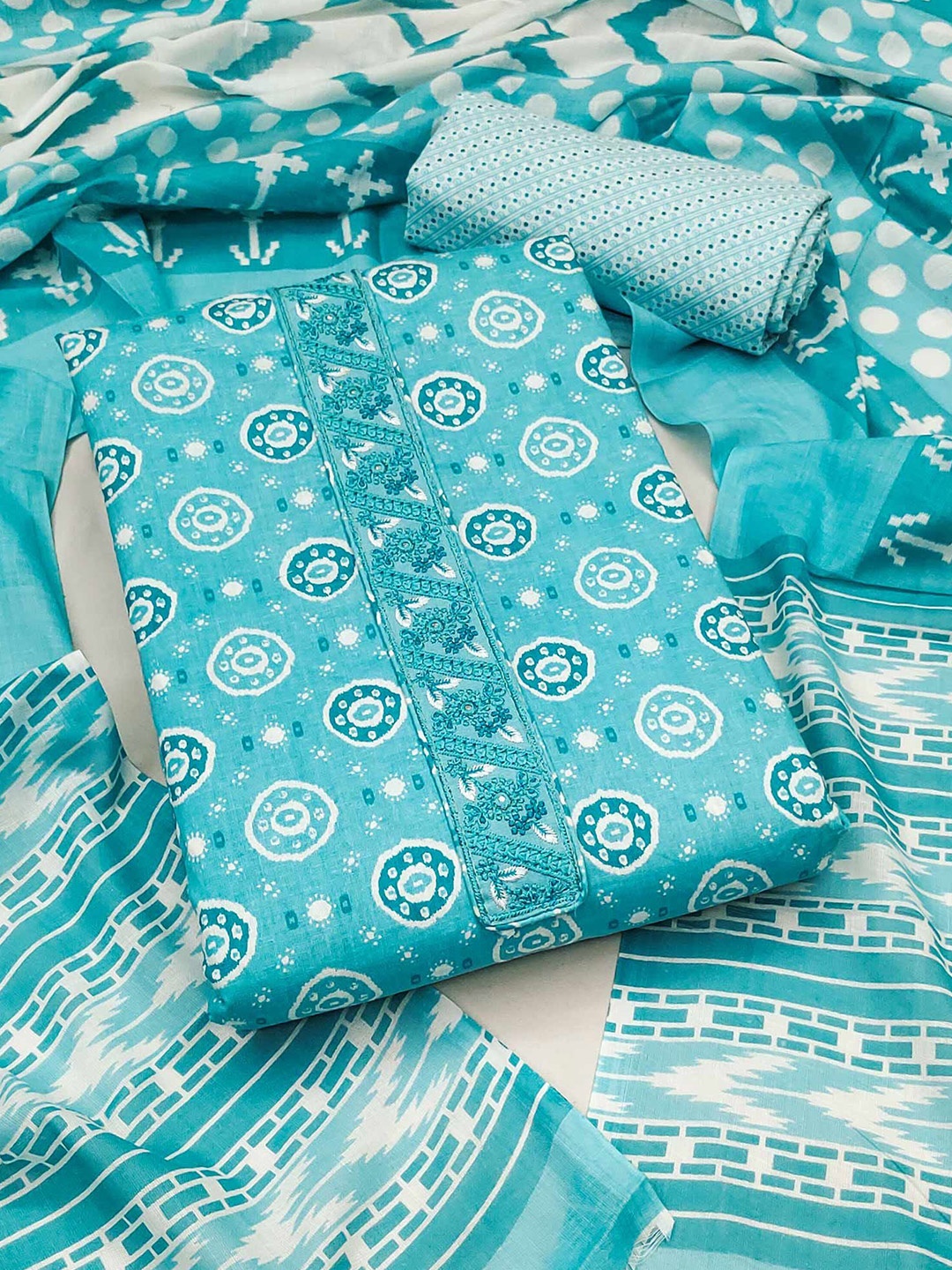 

Peachmode Printed Pure Cotton Unstitched Dress Material, Turquoise blue