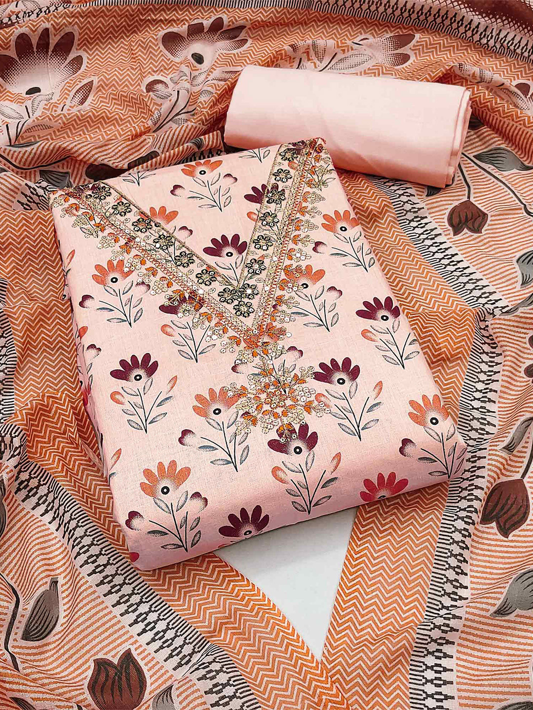 

Peachmode Printed Pure Cotton Unstitched Dress Material, Peach