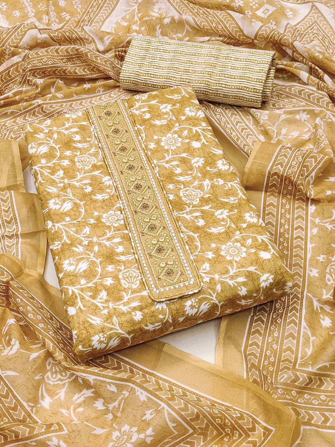 

Peachmode Printed Pure Cotton Unstitched Dress Material, Beige