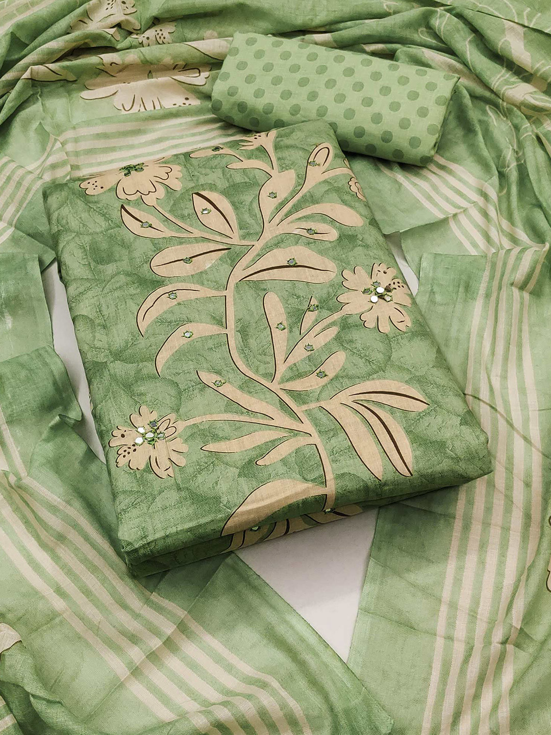 

Peachmode Printed Pure Cotton Unstitched Dress Material, Green