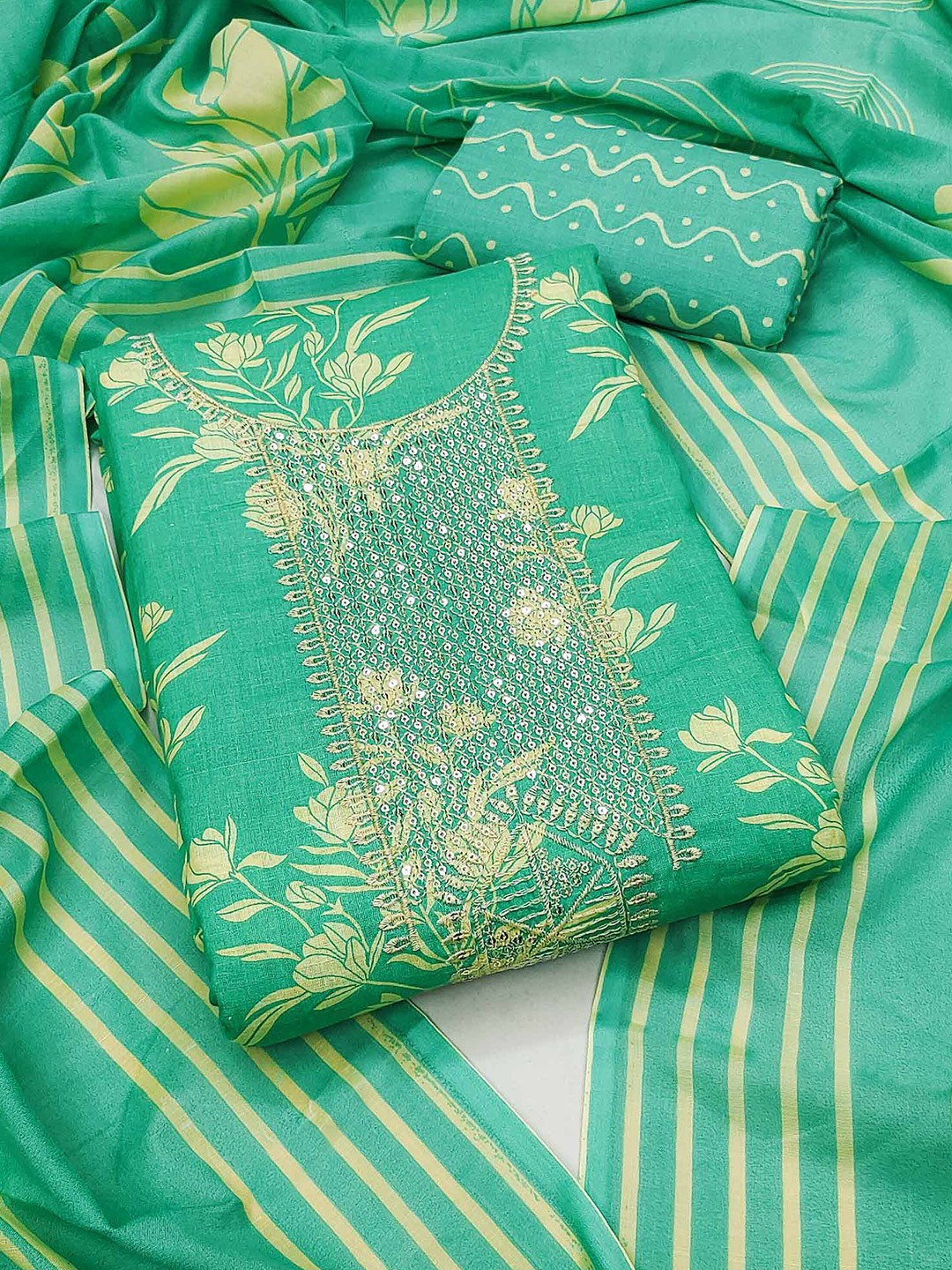 

Peachmode Printed Pure Cotton Unstitched Dress Material, Green