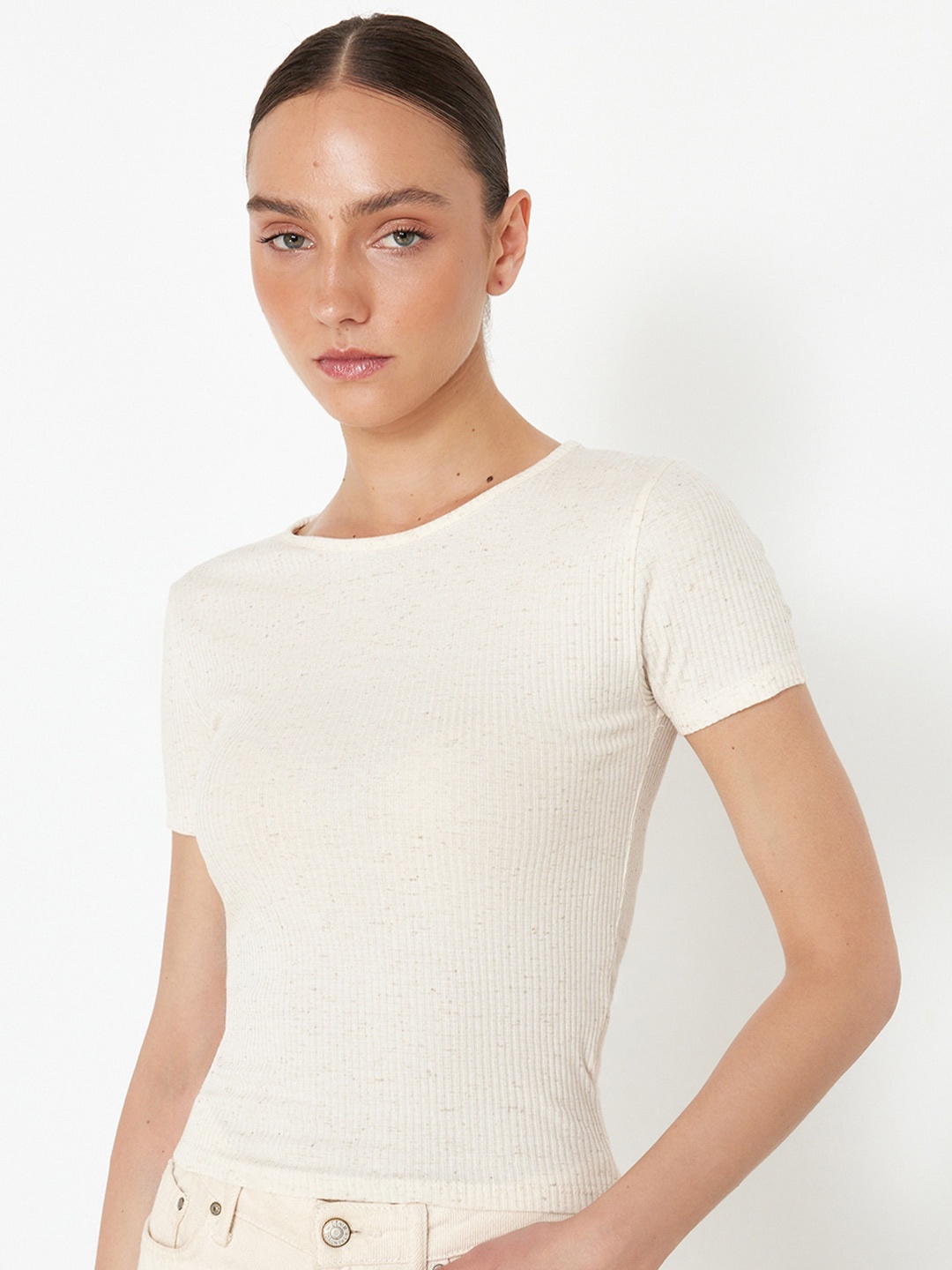 

Trendyol Striped Round Neck Cotton Fitted Top, Beige