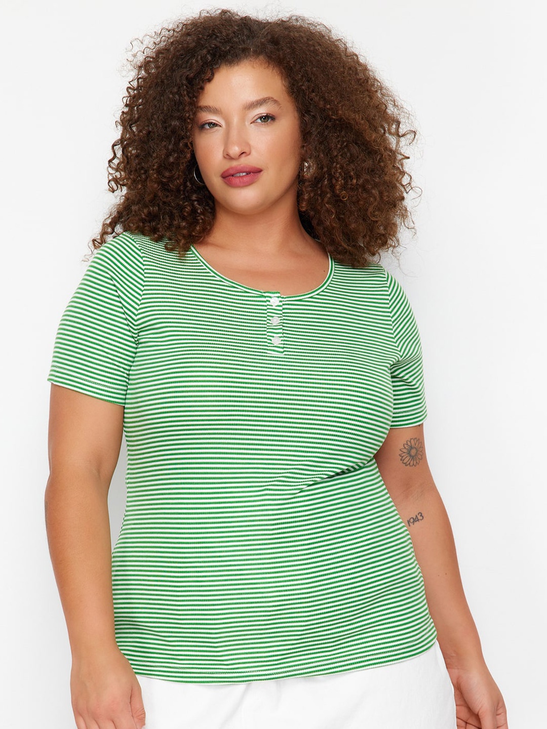 

Trendyol Plus Size Striped Round Neck Top, Green