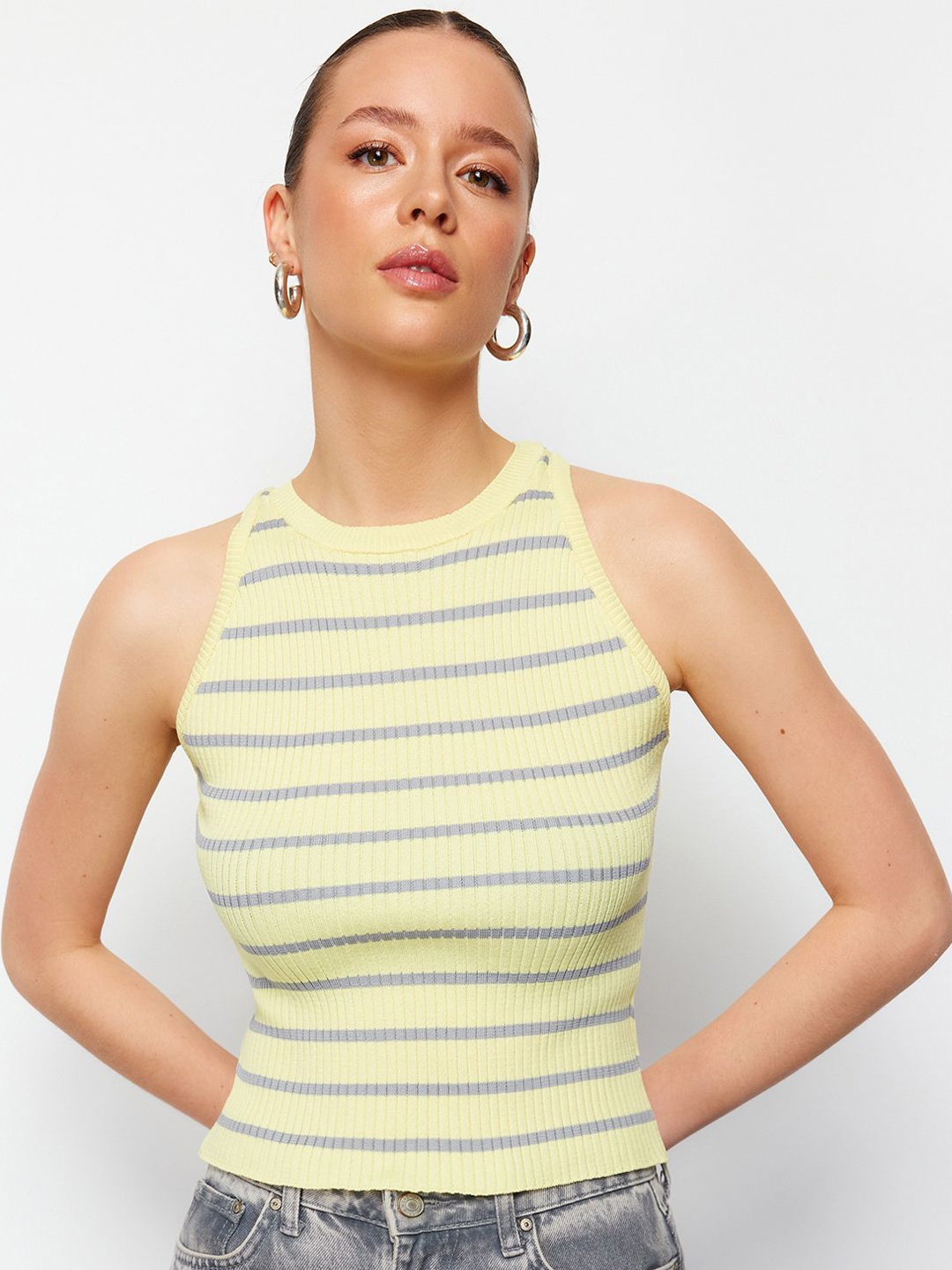 

Trendyol Horizontal Striped Round Neck Sleeveless Striped Top, Yellow