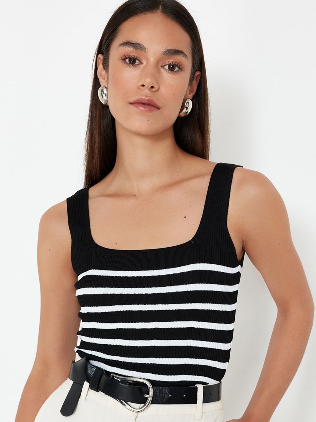 

Trendyol Square Neck Sleeveless Striped Tank Top, Black
