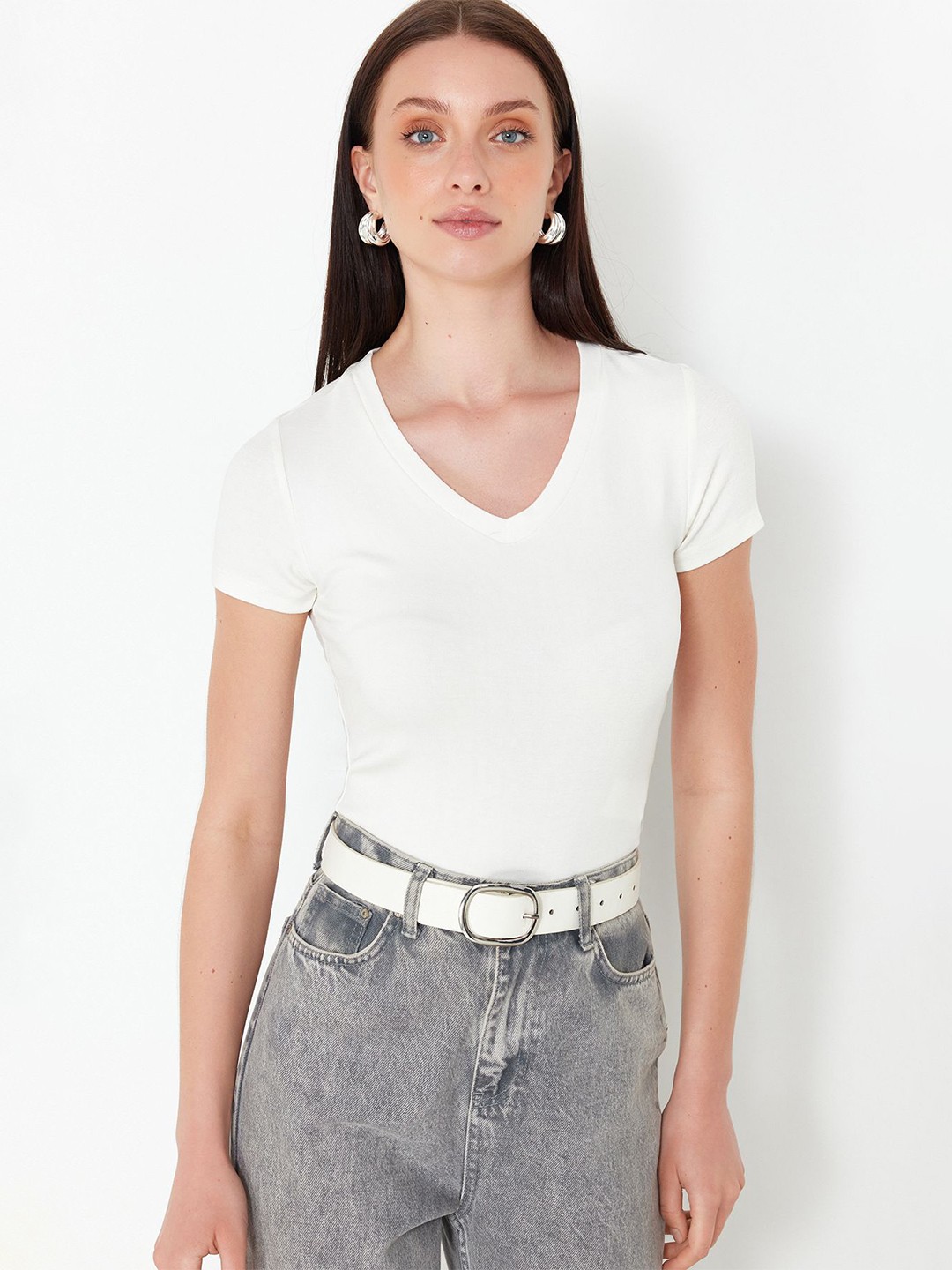 

Trendyol V-Neck Short Sleeves Fitted Top, White