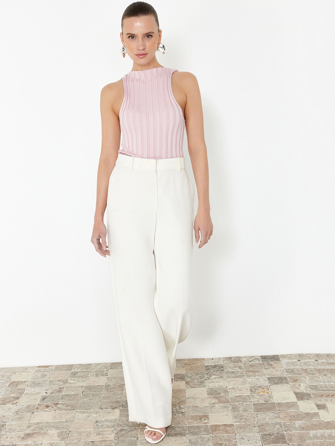 

Trendyol Striped High Neck Sleeveless Fitted Top, Pink