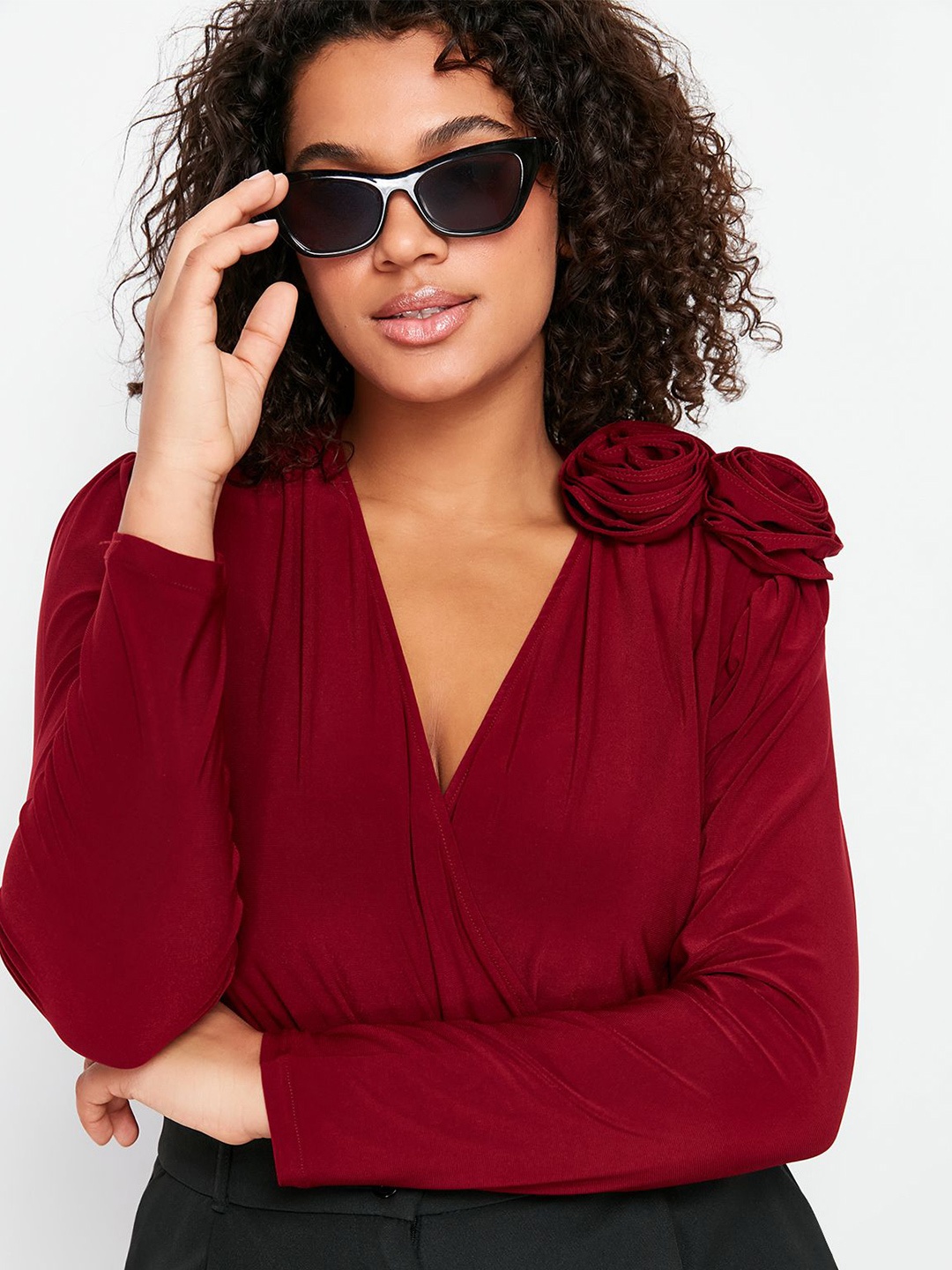 

Trendyol V-Neck Long Sleeve Blouson Top, Maroon