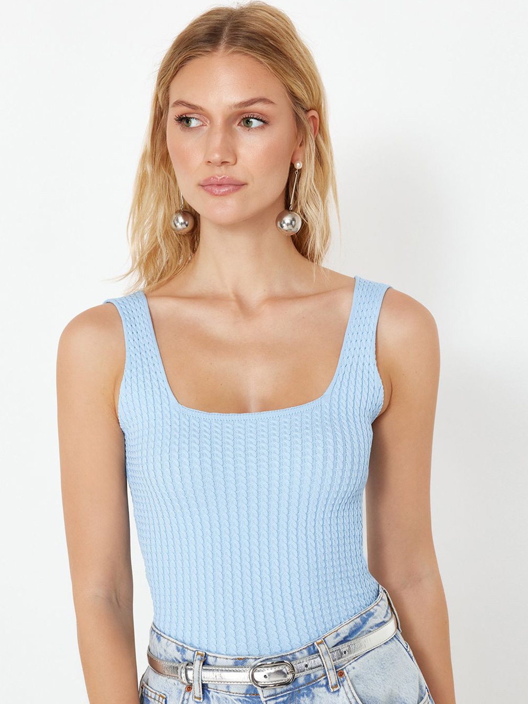 

Trendyol Self Design Square Neck Sleeveless Fitted Top, Blue