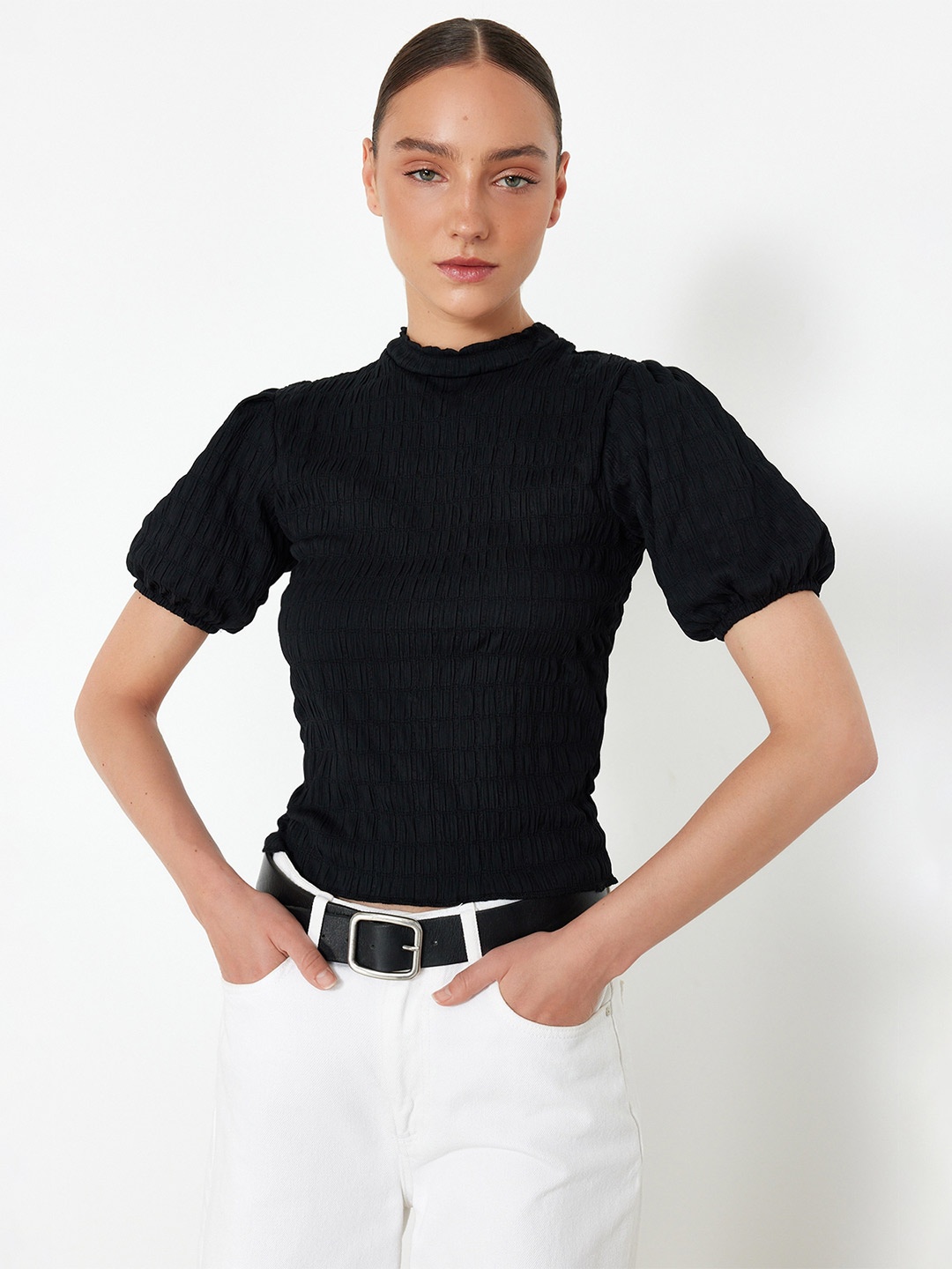 

Trendyol Self Design High Neck Puff Sleeves Casual Top, Black