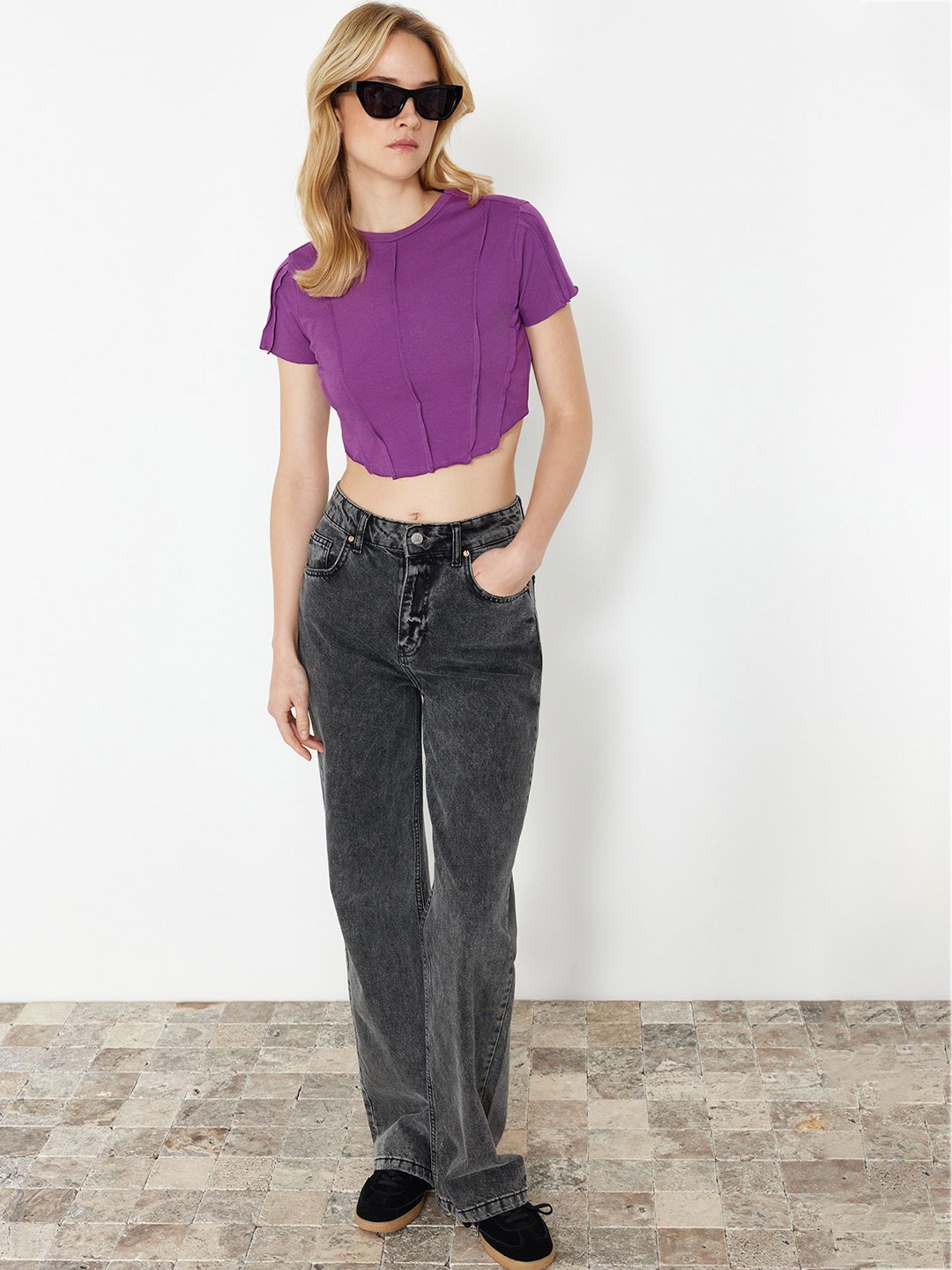 

Trendyol Round Neck Short Sleeves Pure Cotton Crop Top, Purple
