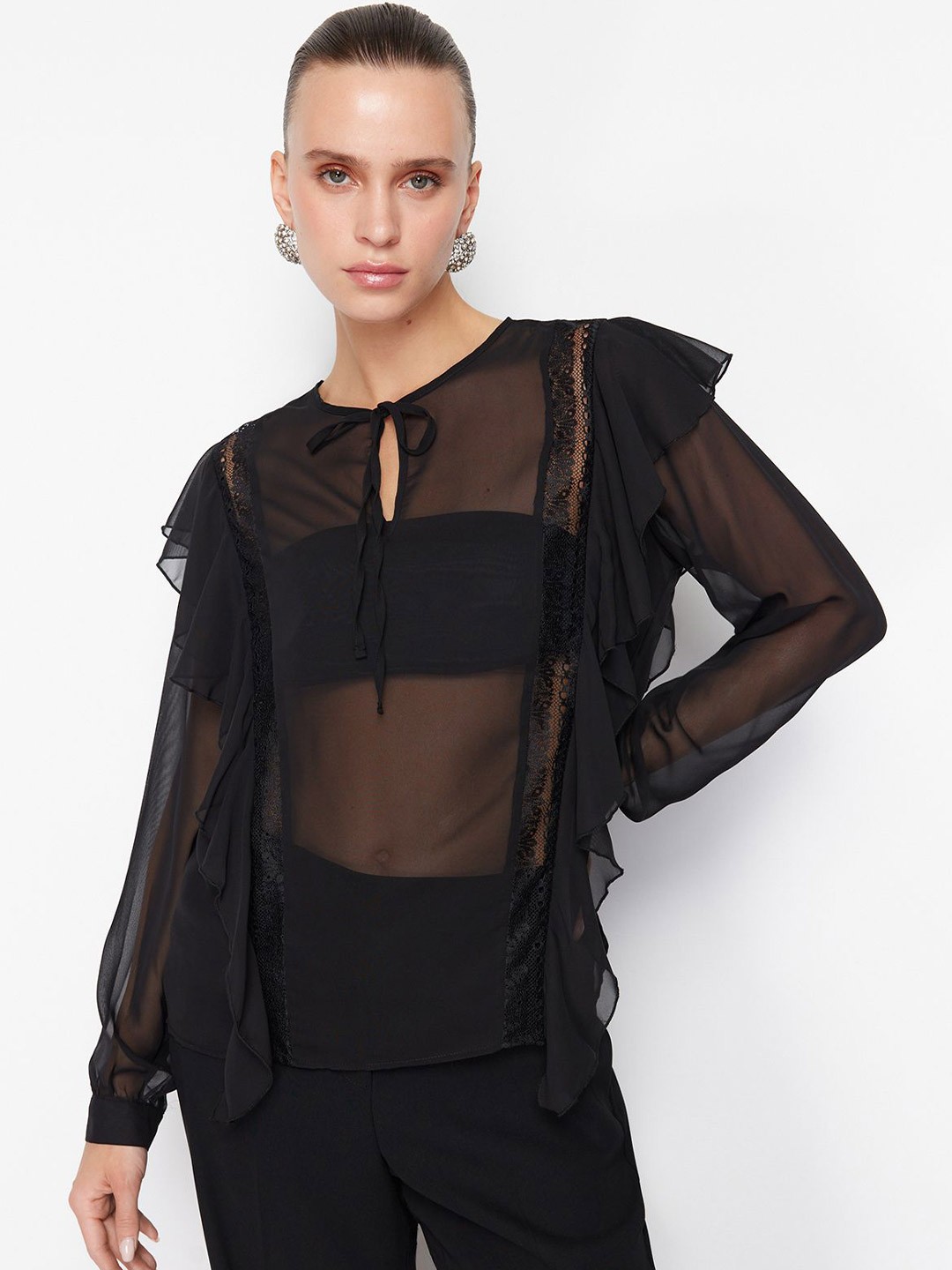 

Trendyol Tie-Up Neck Sheer Top, Black