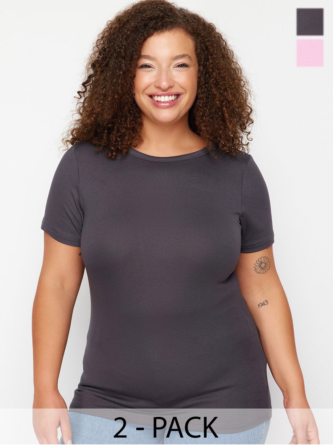 

Trendyol Pack Of 2 Round Neck Short Sleeves Regular Top, Grey